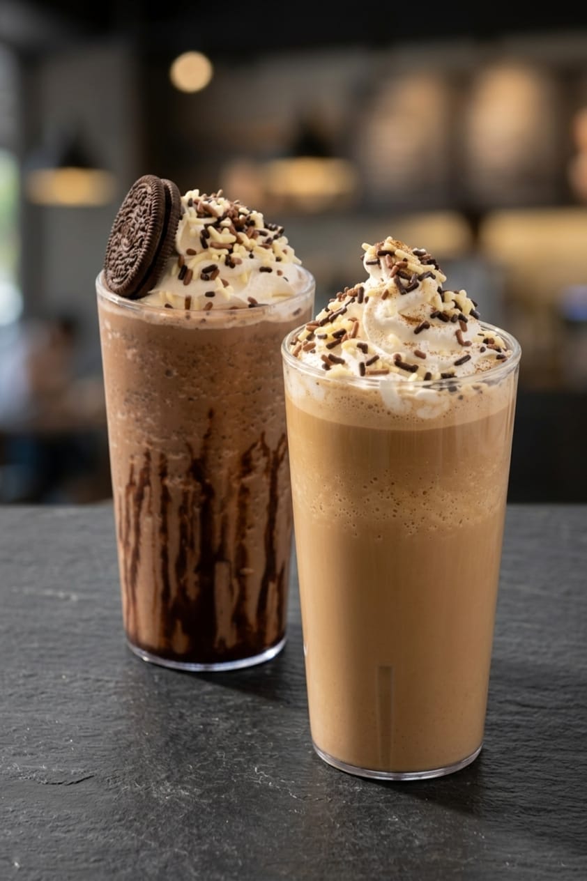 Dos frappés con crema batida y chispas de chocolate
