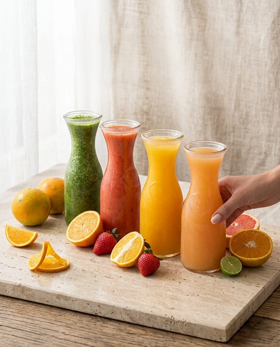 Jarras de jugos naturales de frutas recién preparados