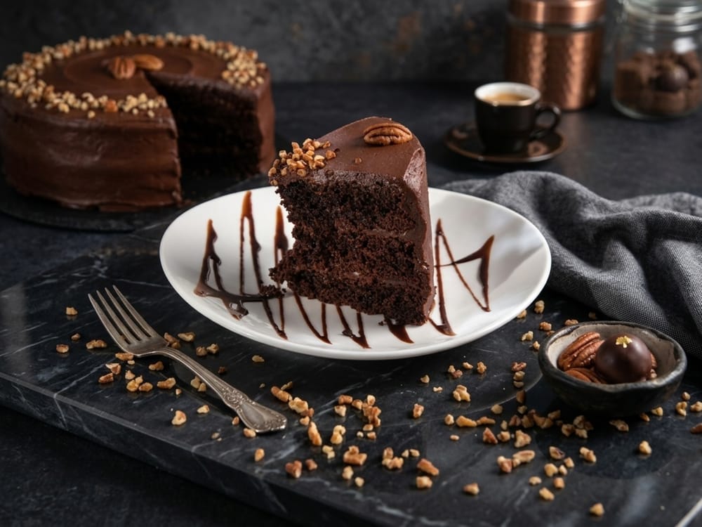 Rebanada de pastel de chocolate con nuez