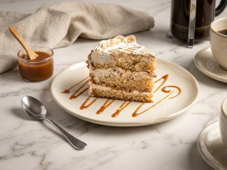 Rebanada de pastel con betún y cajeta, servida con café